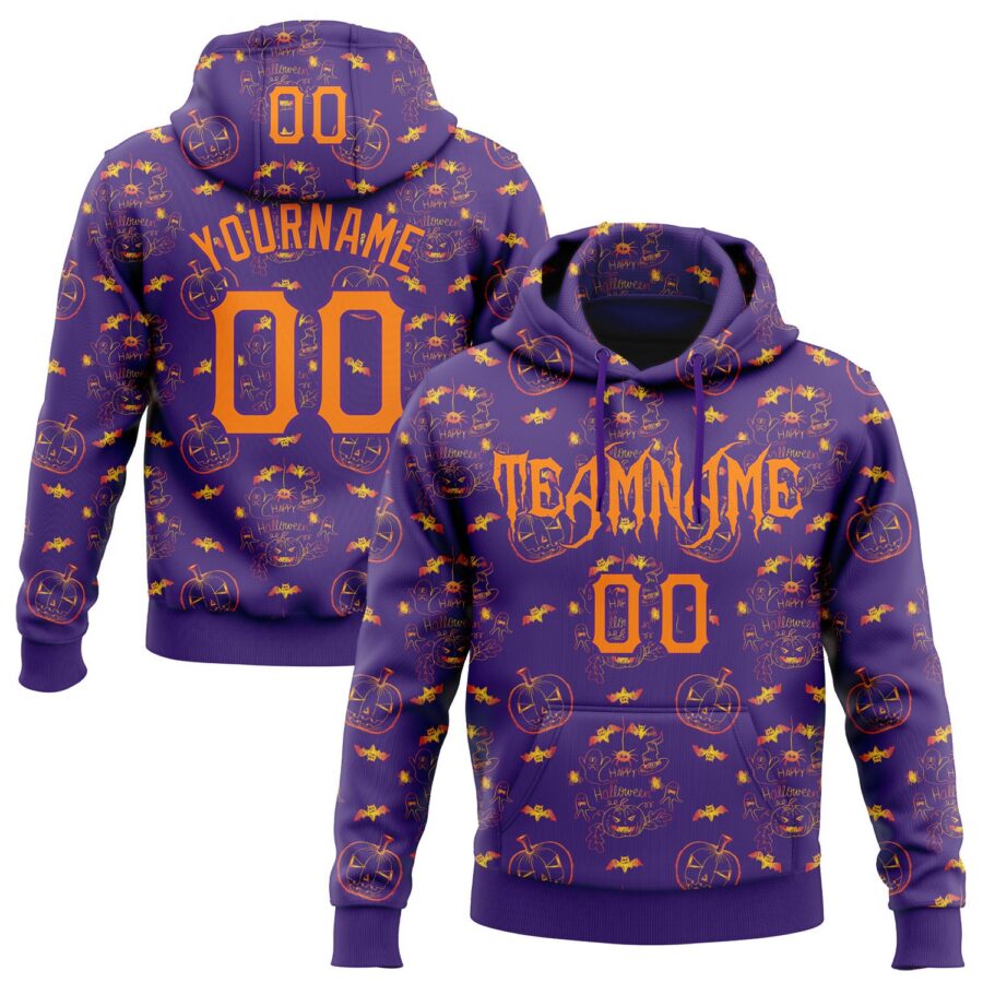 Custom Purple Bay Orange 3D Halloween Pumpkin Bat Doodle Party Costume Ideas Sports Pullover Sweatshirt Hoodie