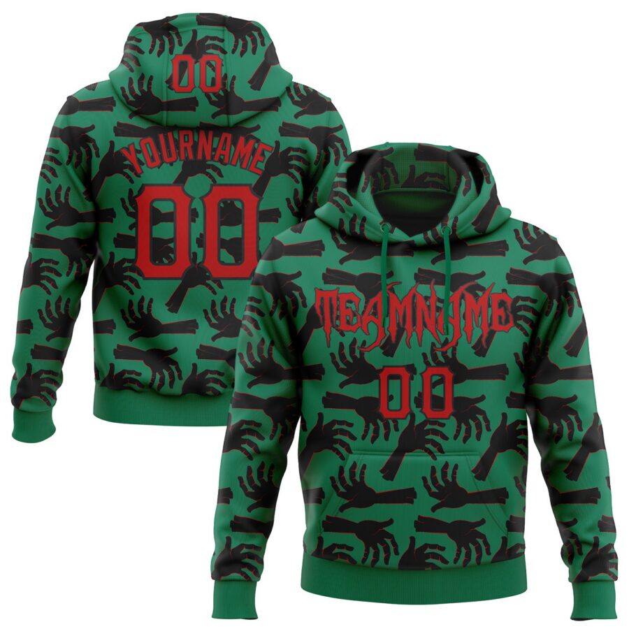 Custom Kelly Green Red-Black 3D Halloween Horror Night Trick Treat Party Costume Ideas Sports Pullover Sweatshirt Hoodie