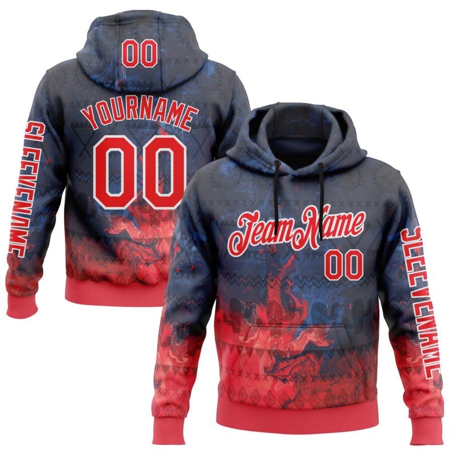 Custom Navy Fire Red-White 3D Pattern Design Ethnic Tribal Sportswear Pullover Sweatshirt Hoodie