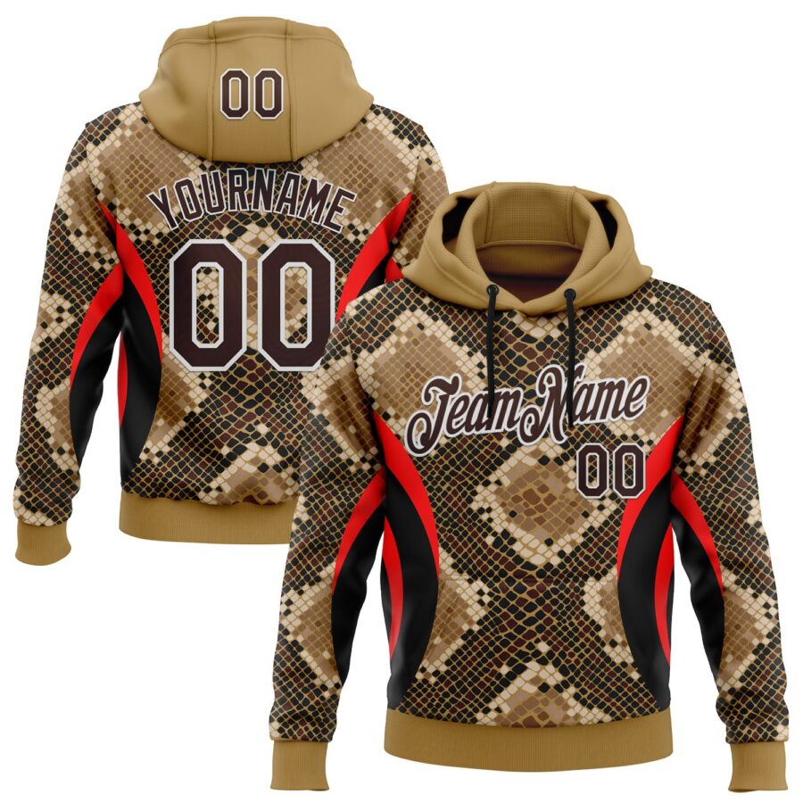 Custom Stitched Old Gold Brown Black Red-White 3D Pattern Design Snake Skin Print Sportswear Pullover Sweatshirt Hoodie