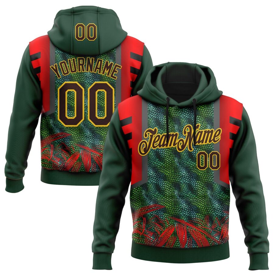 Custom Stitched Green Brown Red-Yellow 3D Pattern Design Snake Skin Print Sportswear Pullover Sweatshirt Hoodie