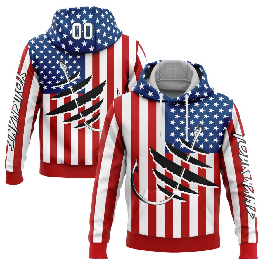 Custom Red US Navy Blue-Black 3D American Flag And Fish Hook Fishing Sports Pullover Sweatshirt Hoodie