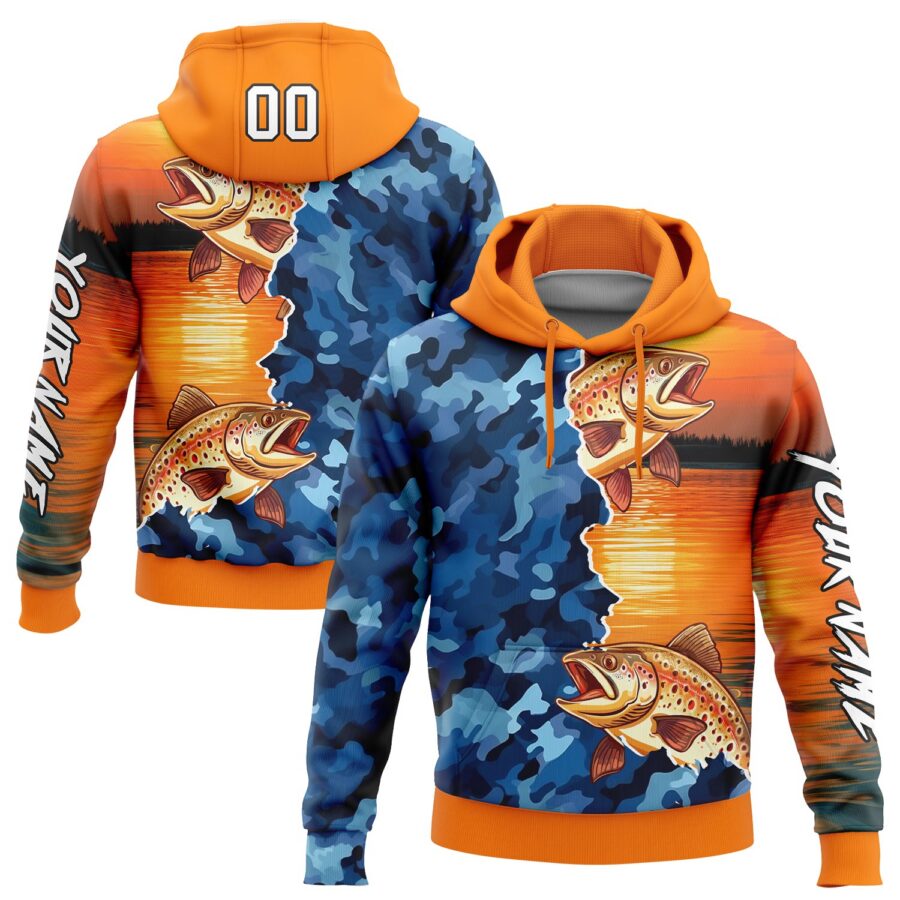 Custom Bay Orange Camo-Black 3D Trout Fish Fishing Sports Pullover Sweatshirt Hoodie