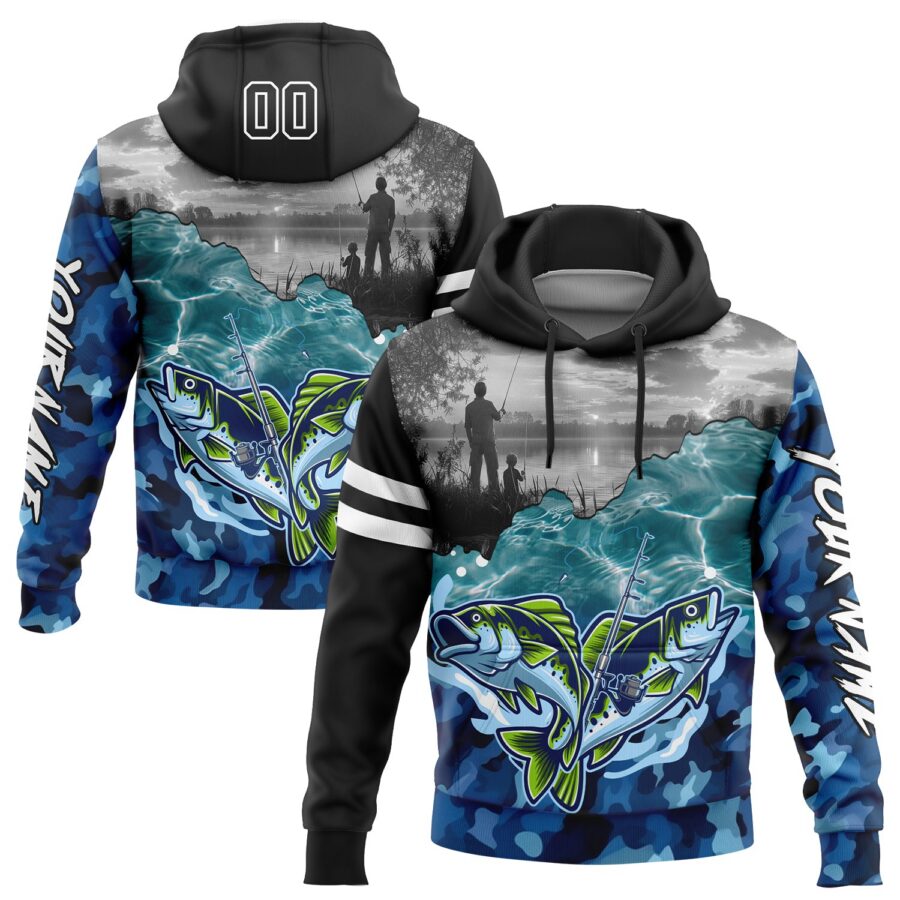 Custom Black Camo-White 3D Largemouth Bass Fish Fishing Sports Pullover Sweatshirt Hoodie