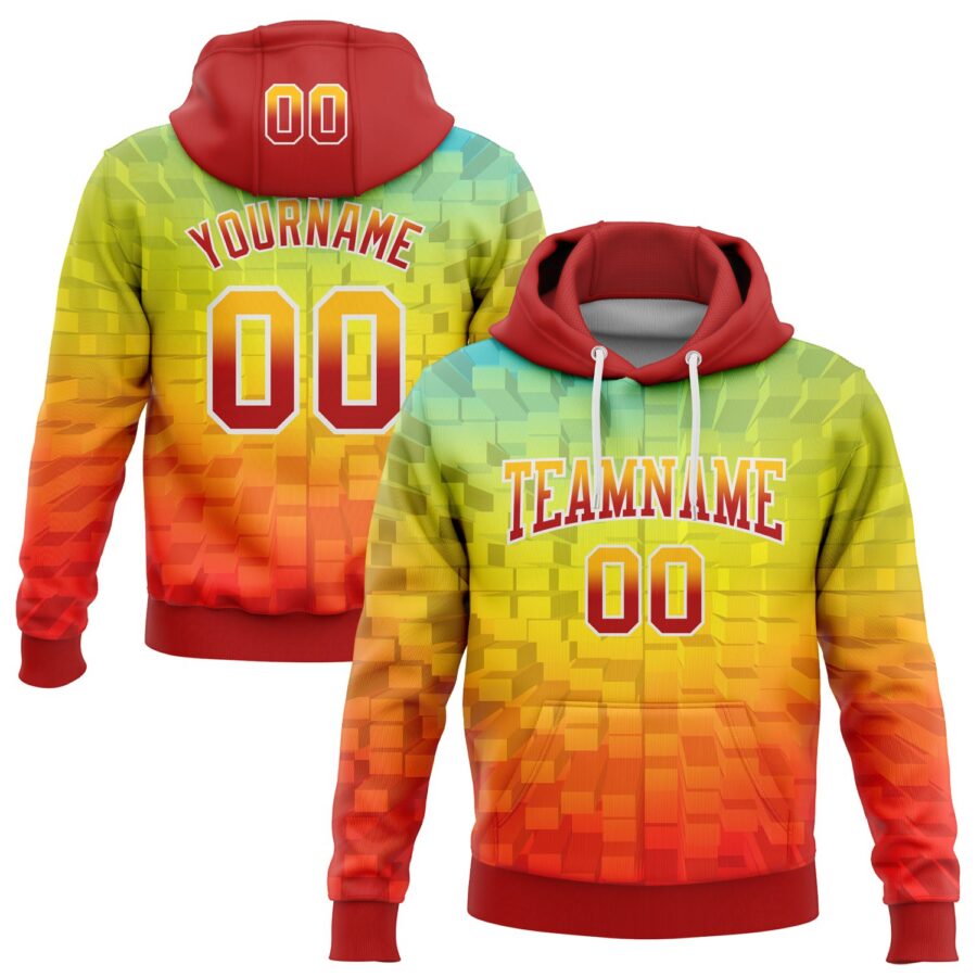 Custom Stitched Gold Red-White 3D Pattern Design Geometric Gradient Square Shapes Sports Pullover Sweatshirt Hoodie
