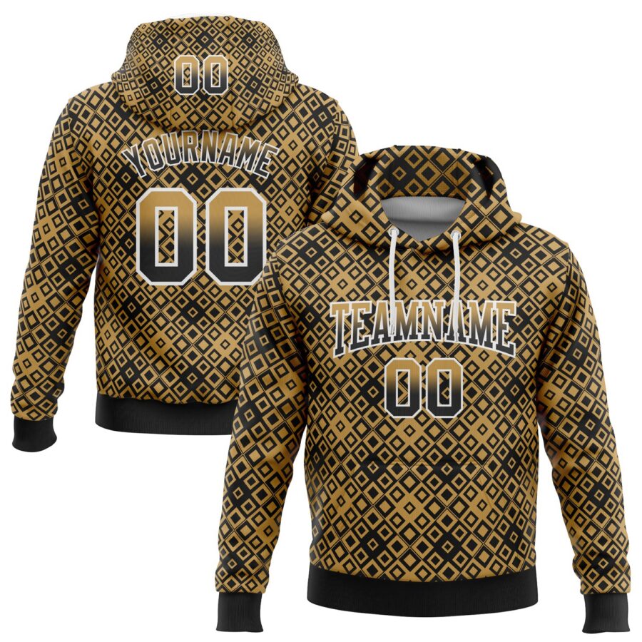 Custom Stitched Old Gold Black-White 3D Pattern Design Geometric Gradient Square Shapes Sports Pullover Sweatshirt Hoodie