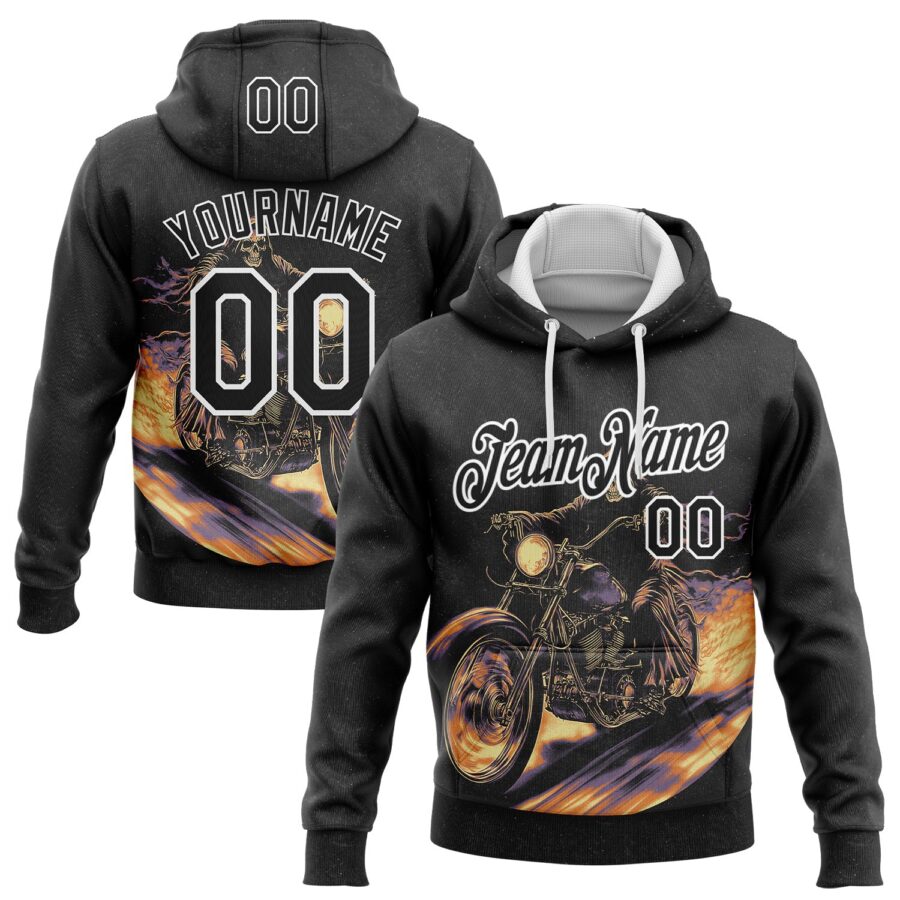 Custom Stitched Black White 3D Pattern Design Motorcycle Motocross Skull Racing Sports Pullover Sweatshirt Hoodie