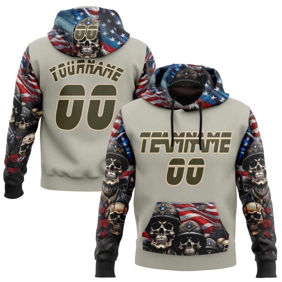 Custom Gray Olive-City Cream 3D Skull American Flag Inspired Veterans Sports Pullover Sweatshirt Hoodie