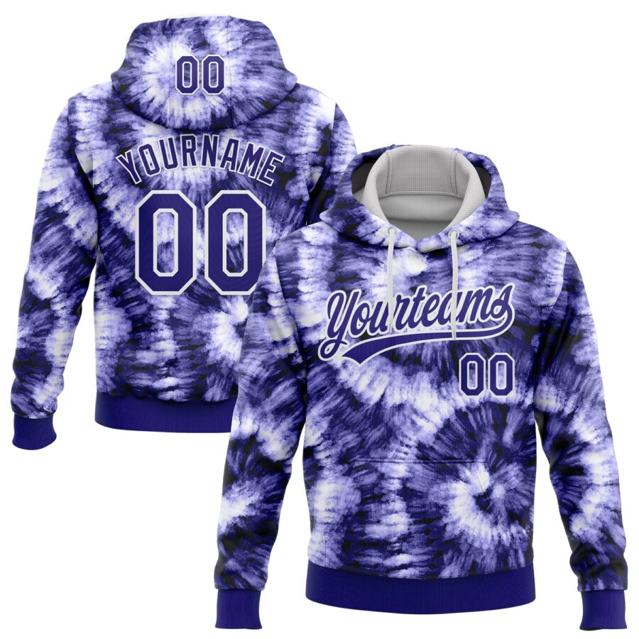 Custom Stitched Tie Dye Dark Purple-White 3D Sports Pullover Sweatshirt Hoodie