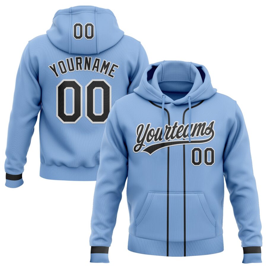 Custom Stitched Light Blue Black-White Baseball Pullover Sweatshirt Hoodie